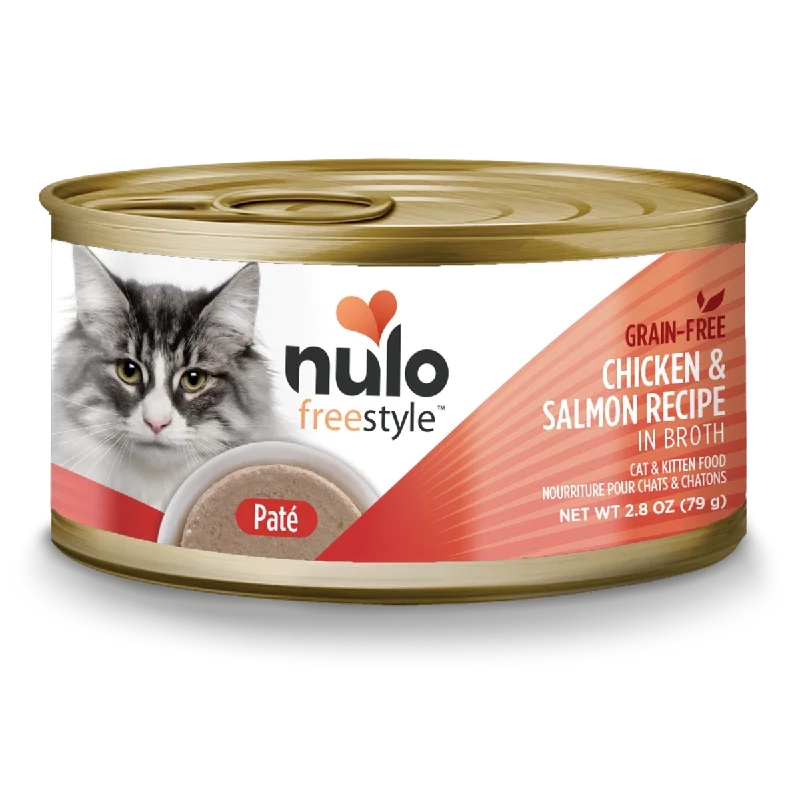    - Indoor cat food  Nulo Freestyle Cat & Kitten Chicken & Salmon Smooth Pate in Broth Canned Cat Food